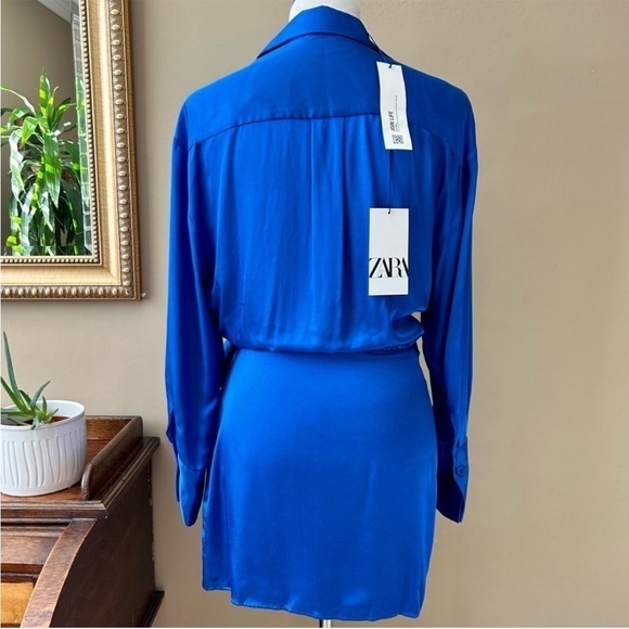 Zara Woman Blue Satin Effect Long Sleeve Wrap Mini Dress Blogger Fav Size L NWT - Picture 8 of 16